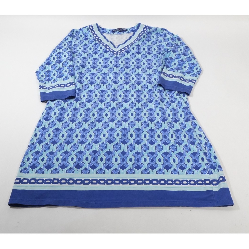 Barbara Erickson Womens XL Blue Geometric Print V-Neck 3/4 Sleeve Cotton Tunic